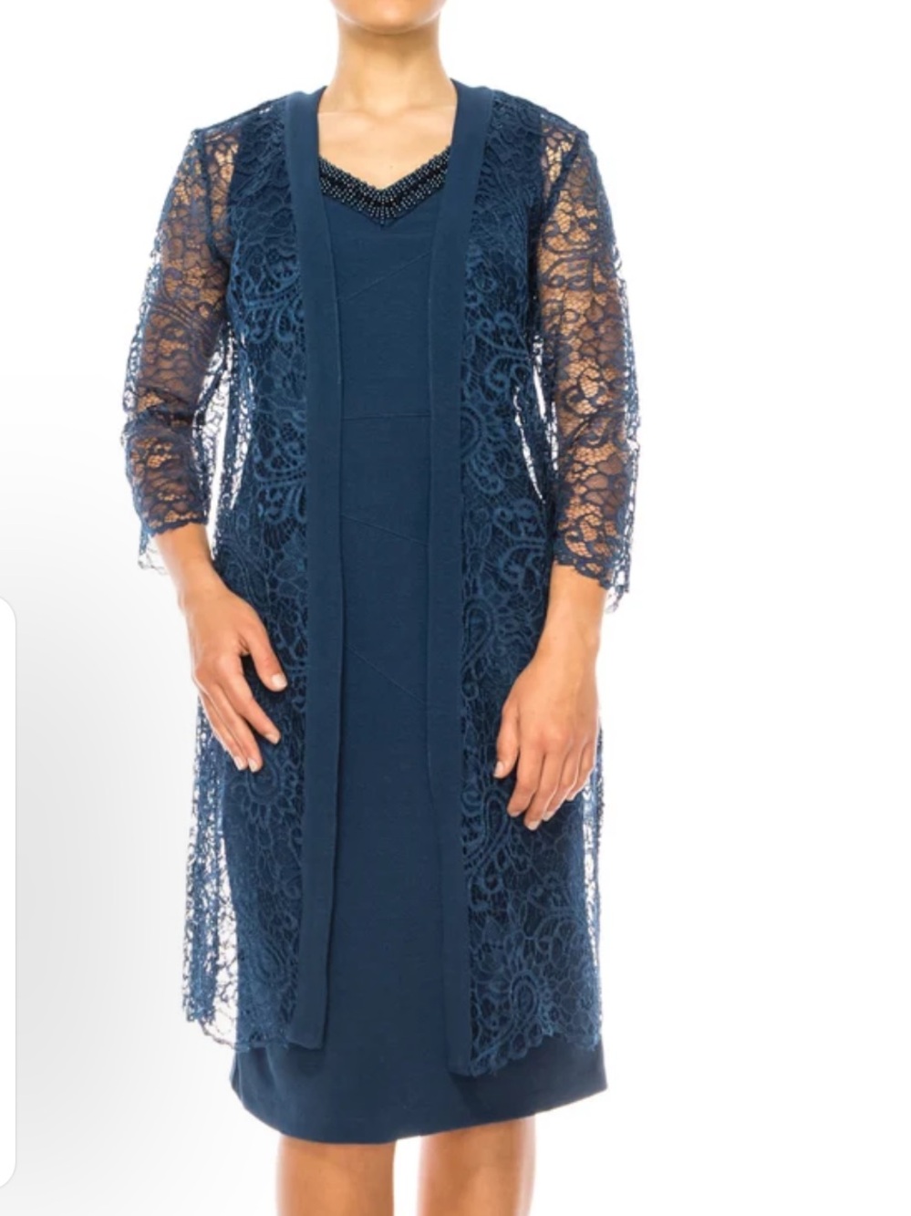 NWT Le Bos 2-Piece Dress Set Size 10 Mallard Teal green Beaded Lace Duster